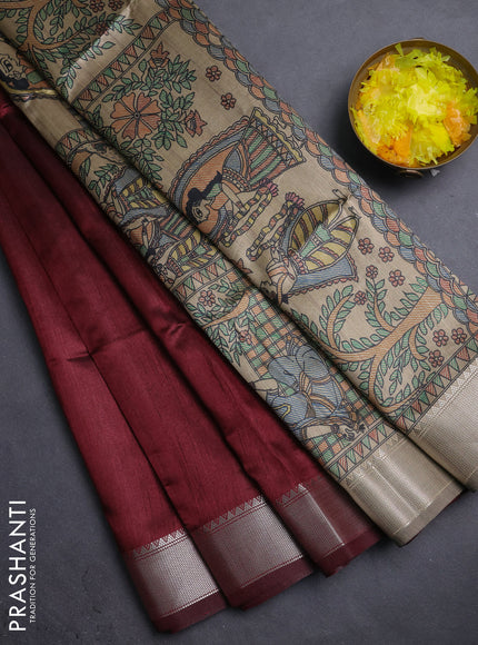 Semi dupion saree deep maroon with plain body and madhubani printed pallu & blouse