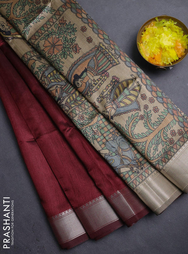 Semi dupion saree deep maroon with plain body and madhubani printed pallu & blouse