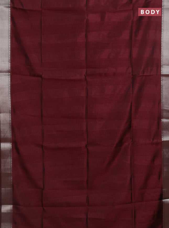 Semi dupion saree deep maroon with plain body and madhubani printed pallu & blouse