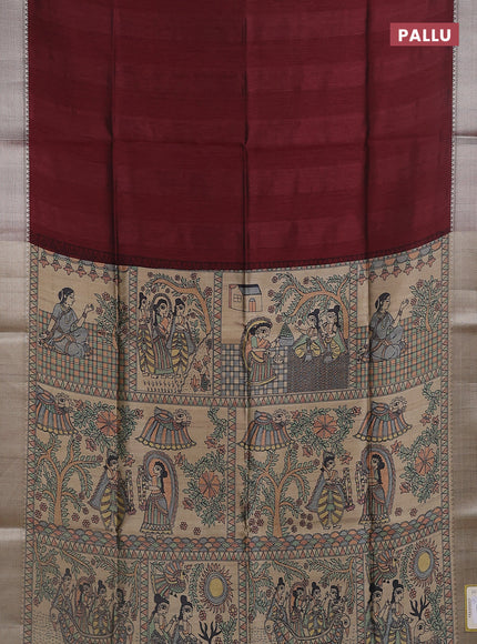 Semi dupion saree deep maroon with plain body and madhubani printed pallu & blouse