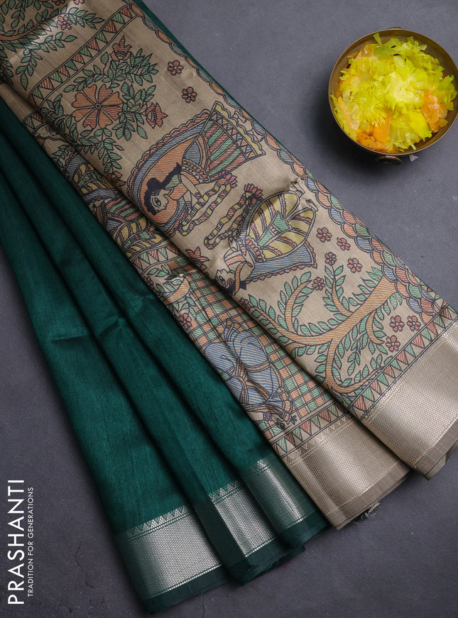 Semi dupion saree bottle green with plain body and madhubani printed pallu & blouse