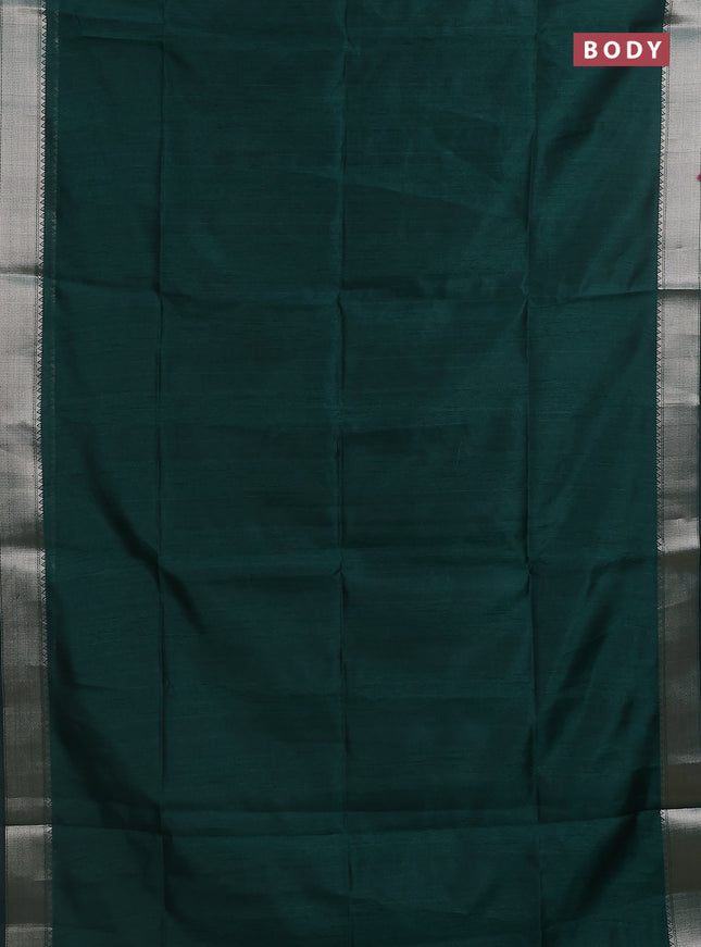 Semi dupion saree bottle green with plain body and madhubani printed pallu & blouse