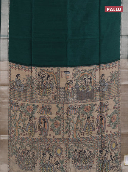 Semi dupion saree bottle green with plain body and madhubani printed pallu & blouse