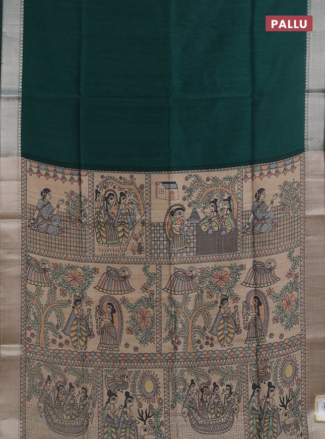 Semi dupion saree bottle green with plain body and madhubani printed pallu & blouse
