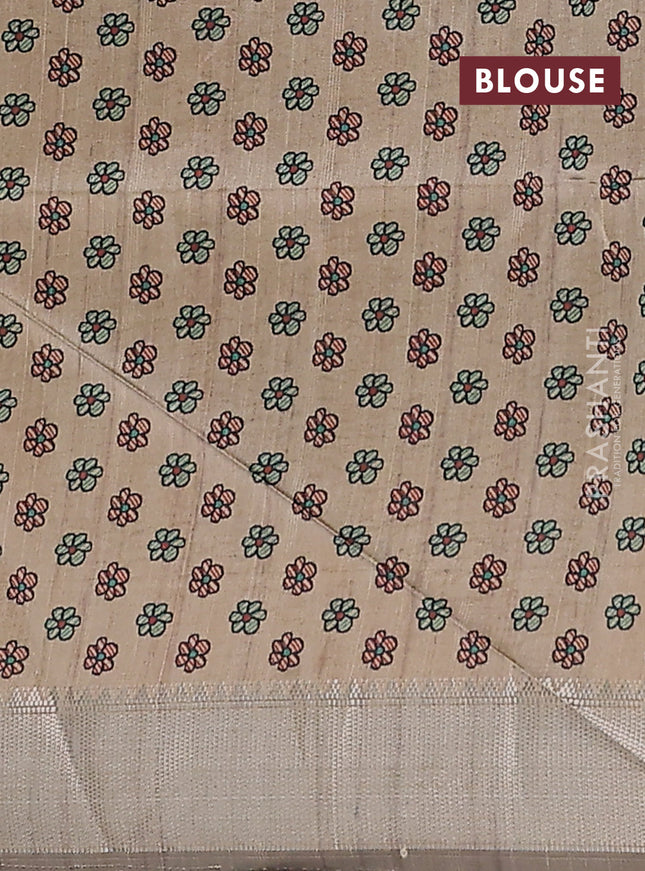 Semi dupion saree bottle green with plain body and madhubani printed pallu & blouse