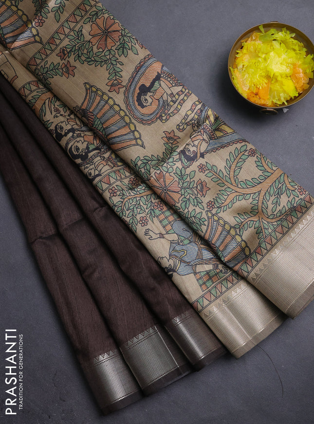 Semi dupion saree coffee brown with plain body and madhubani printed pallu & blouse