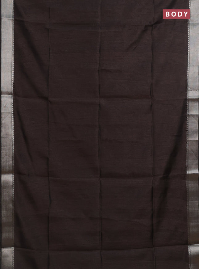 Semi dupion saree coffee brown with plain body and madhubani printed pallu & blouse