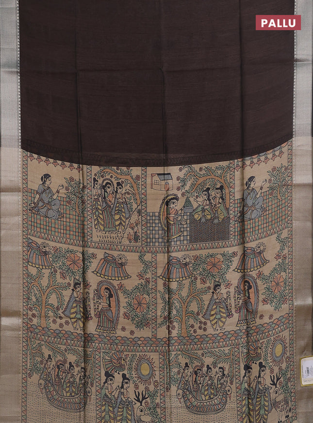 Semi dupion saree coffee brown with plain body and madhubani printed pallu & blouse