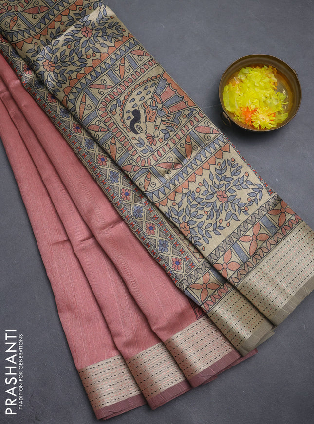 Semi dupion saree pastel maroon with plain body and madhubani printed pallu & kantha stitch work