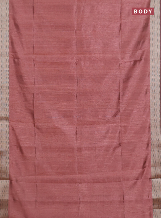 Semi dupion saree pastel maroon with plain body and madhubani printed pallu & kantha stitch work
