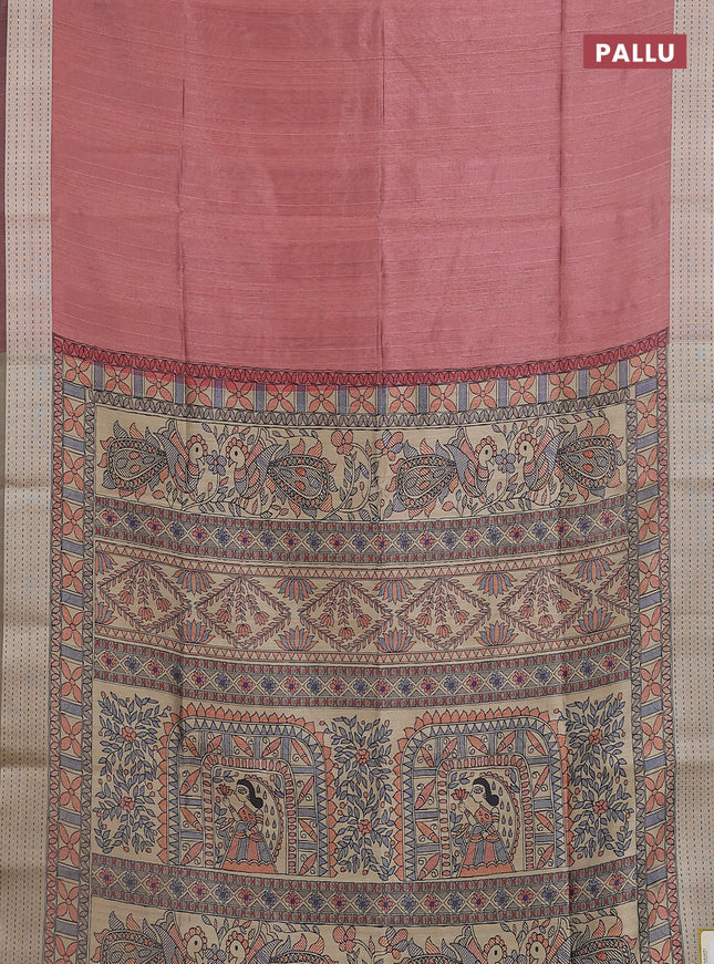 Semi dupion saree pastel maroon with plain body and madhubani printed pallu & kantha stitch work