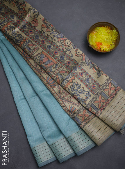 Semi dupion saree teal green with plain body and madhubani printed pallu & kantha stitch work