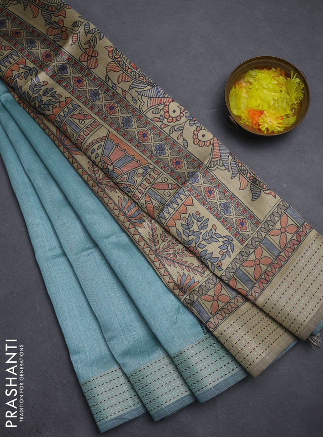 Semi dupion saree teal green with plain body and madhubani printed pallu & kantha stitch work