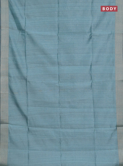 Semi dupion saree teal green with plain body and madhubani printed pallu & kantha stitch work