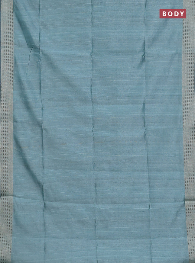Semi dupion saree teal green with plain body and madhubani printed pallu & kantha stitch work