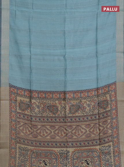 Semi dupion saree teal green with plain body and madhubani printed pallu & kantha stitch work