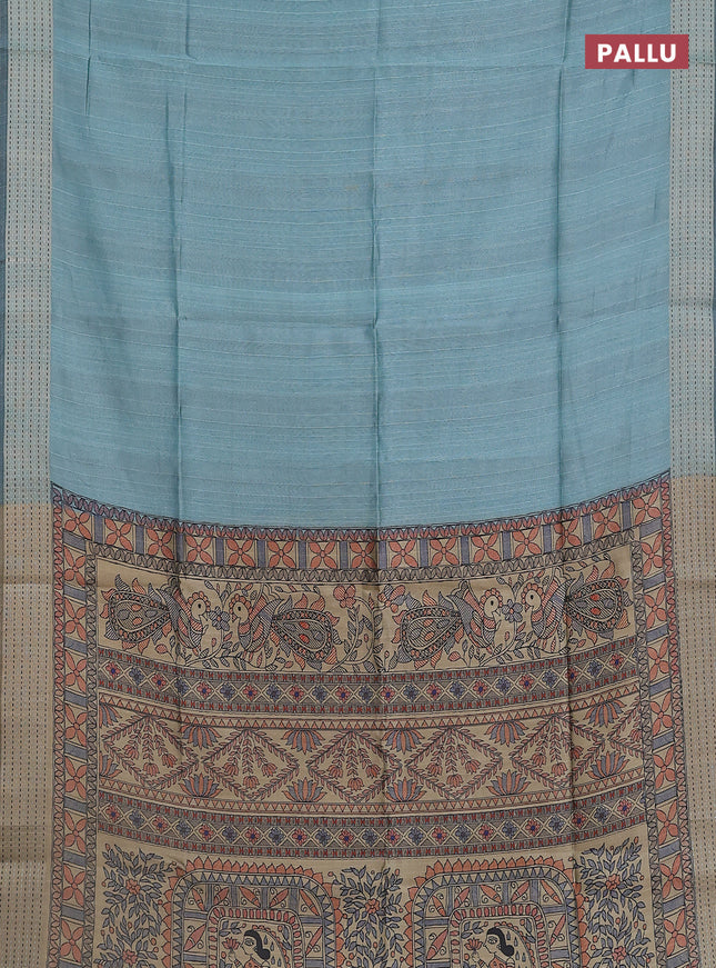 Semi dupion saree teal green with plain body and madhubani printed pallu & kantha stitch work