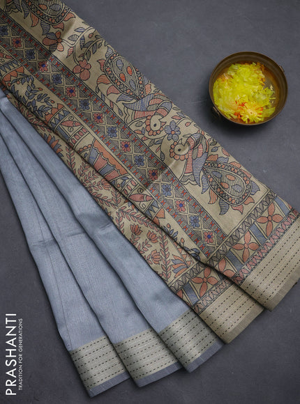 Semi dupion saree pastel grey with plain body and madhubani printed pallu & kantha stitch work