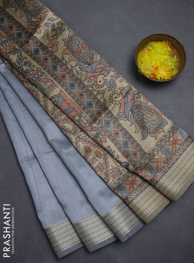 Semi dupion saree pastel grey with plain body and madhubani printed pallu & kantha stitch work