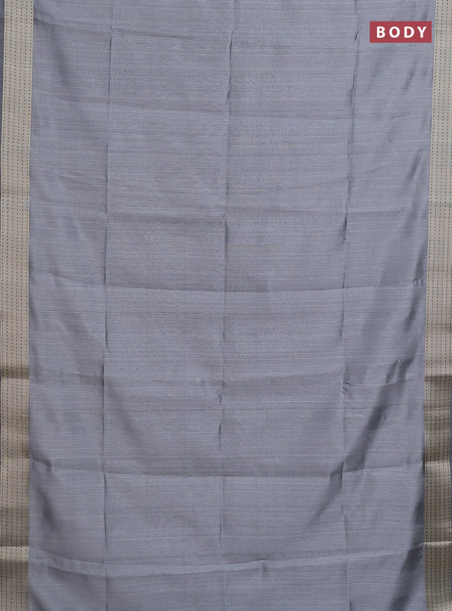Semi dupion saree pastel grey with plain body and madhubani printed pallu & kantha stitch work