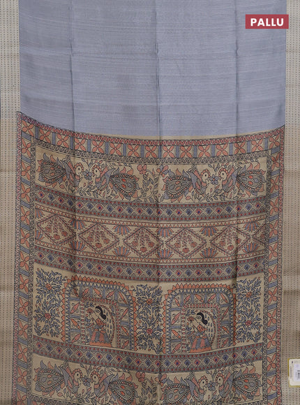 Semi dupion saree pastel grey with plain body and madhubani printed pallu & kantha stitch work