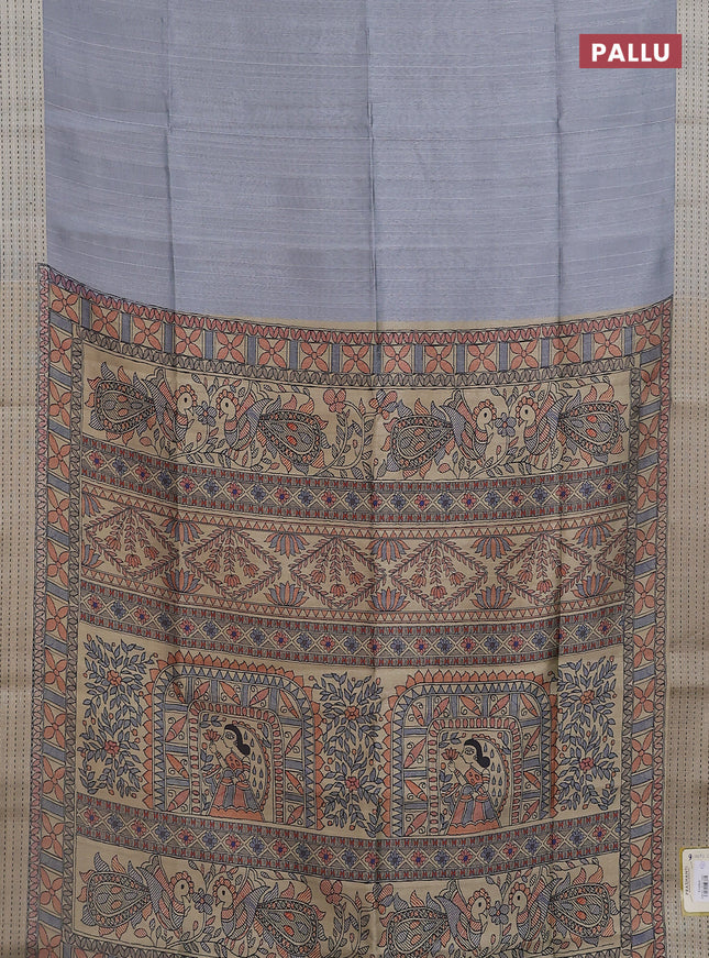 Semi dupion saree pastel grey with plain body and madhubani printed pallu & kantha stitch work