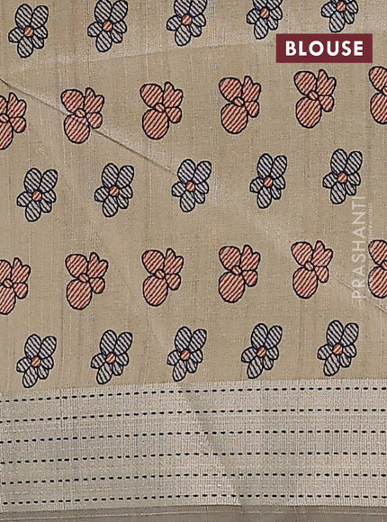 Semi dupion saree pastel grey with plain body and madhubani printed pallu & kantha stitch work