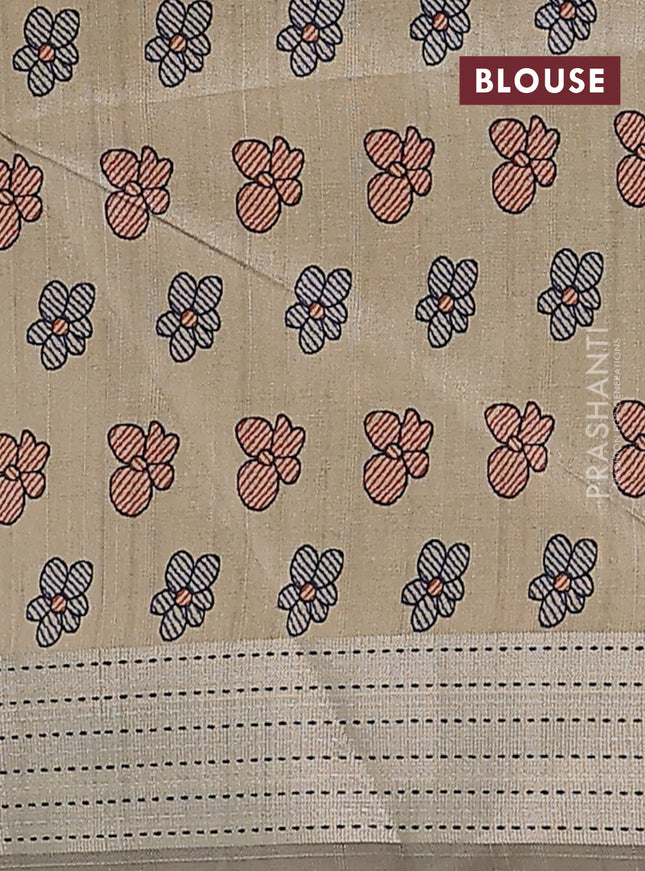 Semi dupion saree pastel grey with plain body and madhubani printed pallu & kantha stitch work