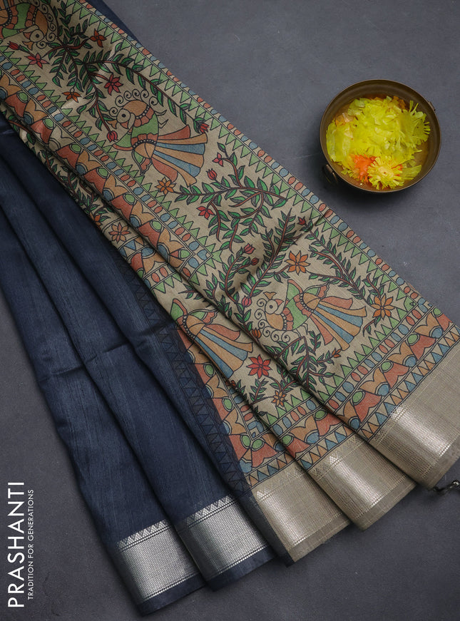 Semi dupion saree grey with plain body and madhubani printed pallu & blouse
