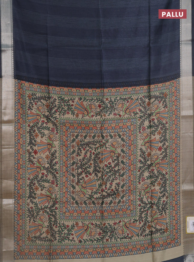 Semi dupion saree grey with plain body and madhubani printed pallu & blouse