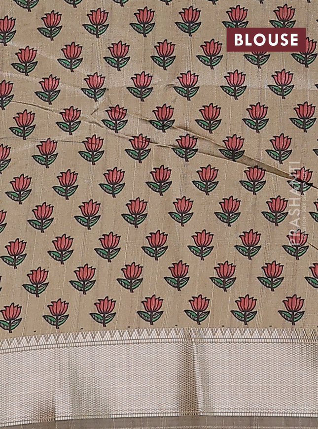 Semi dupion saree grey with plain body and madhubani printed pallu & blouse