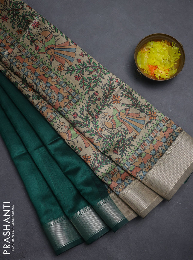 Semi dupion saree bottle green with plain body and madhubani printed pallu & blouse