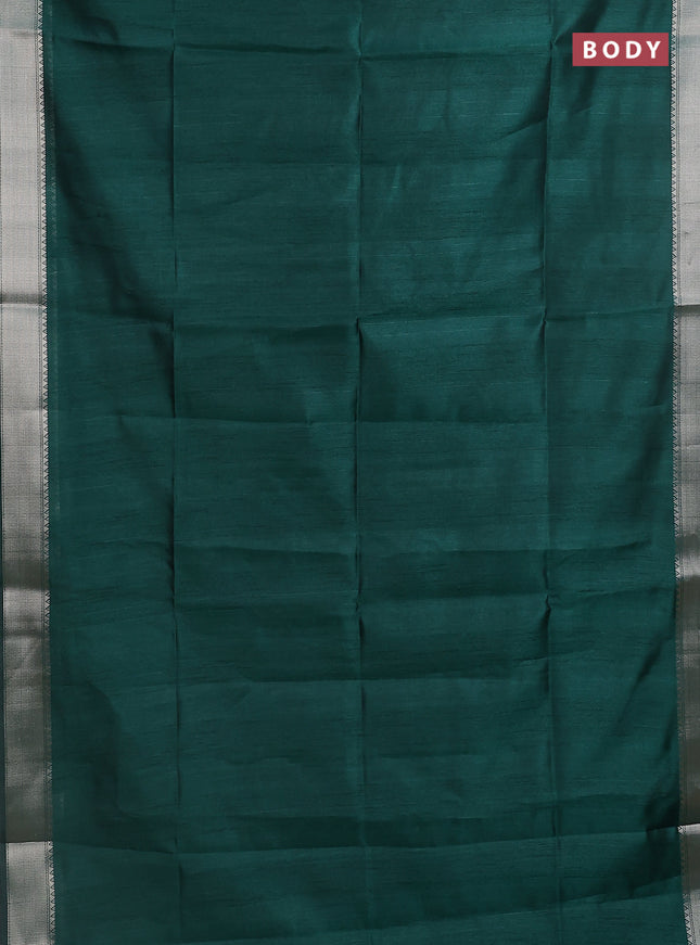 Semi dupion saree bottle green with plain body and madhubani printed pallu & blouse