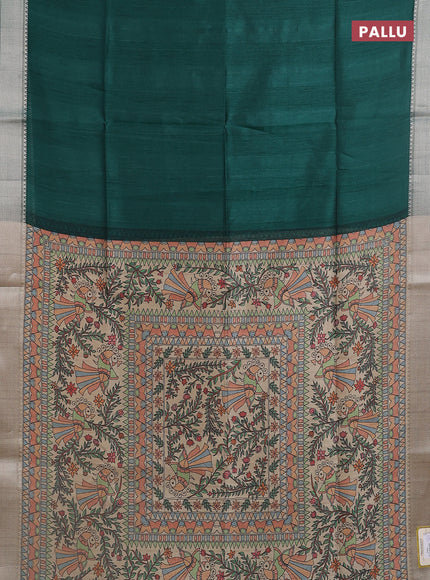 Semi dupion saree bottle green with plain body and madhubani printed pallu & blouse