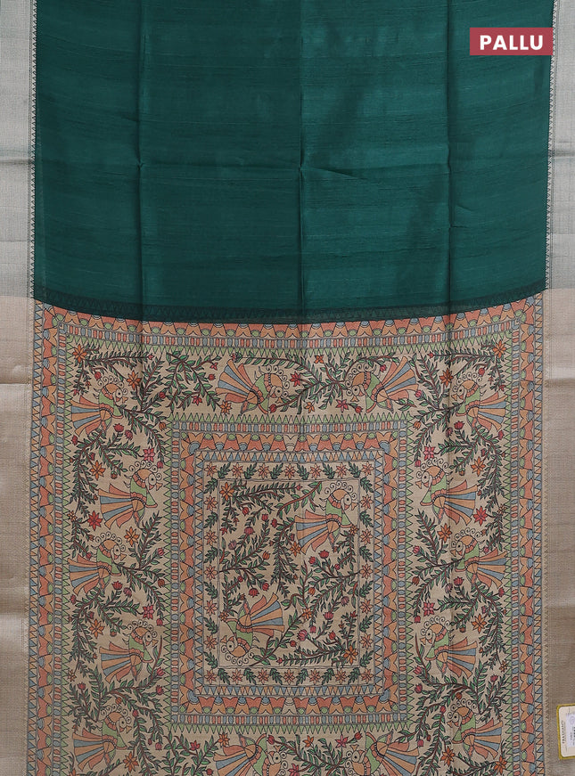 Semi dupion saree bottle green with plain body and madhubani printed pallu & blouse