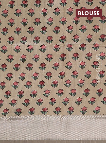 Semi dupion saree bottle green with plain body and madhubani printed pallu & blouse