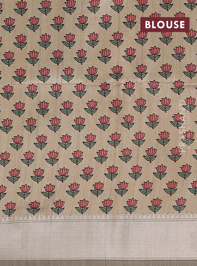 Semi dupion saree bottle green with plain body and madhubani printed pallu & blouse