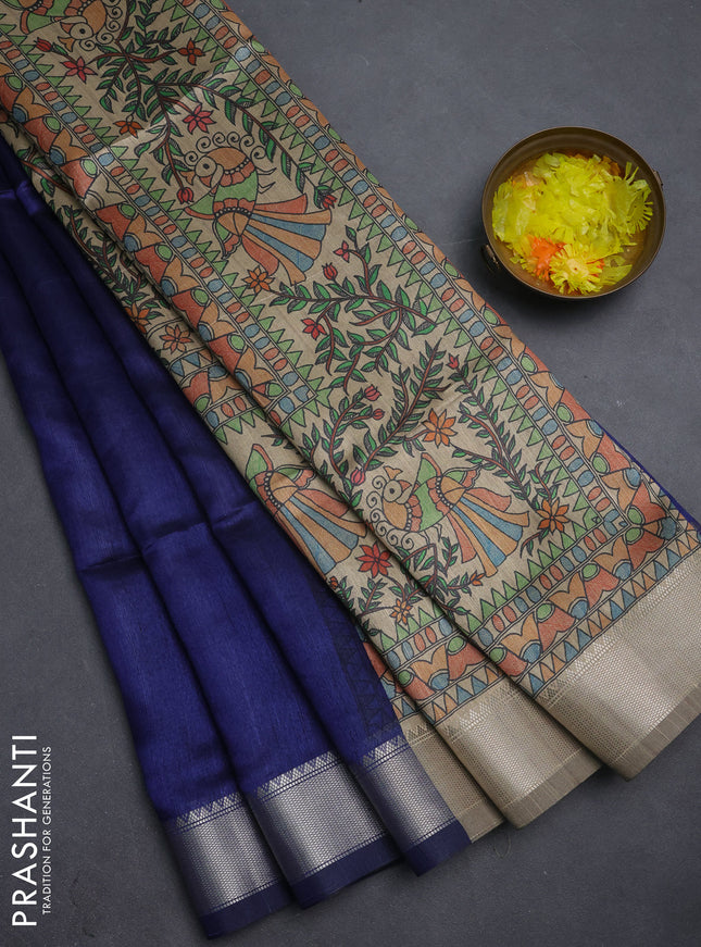 Semi dupion saree navy blue with plain body and madhubani printed pallu & blouse