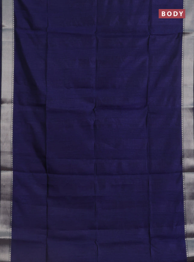 Semi dupion saree navy blue with plain body and madhubani printed pallu & blouse