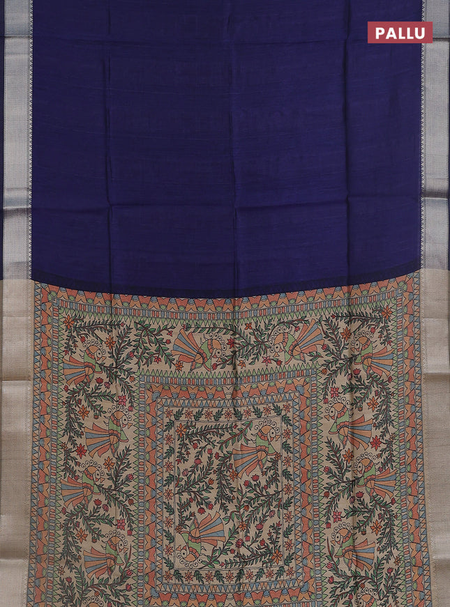 Semi dupion saree navy blue with plain body and madhubani printed pallu & blouse