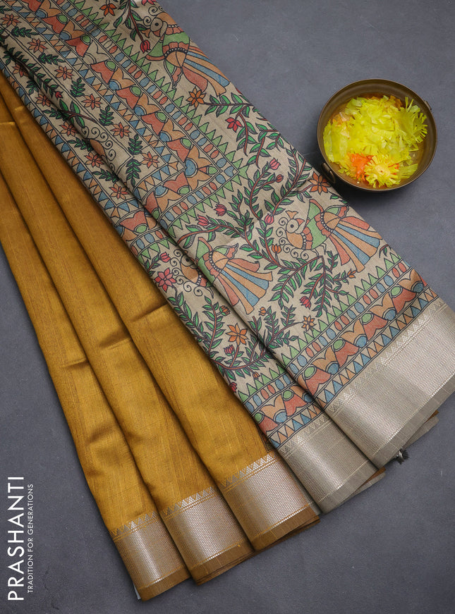 Semi dupion saree dark mustard with plain body and madhubani printed pallu & blouse