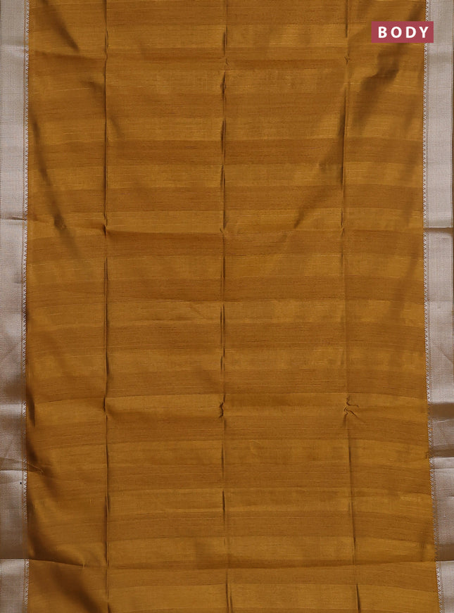 Semi dupion saree dark mustard with plain body and madhubani printed pallu & blouse