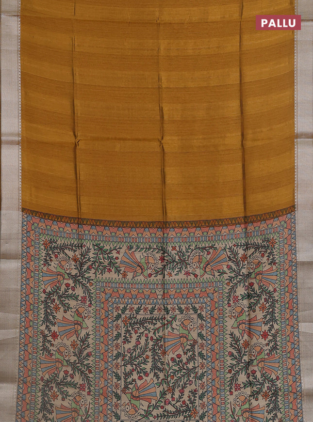 Semi dupion saree dark mustard with plain body and madhubani printed pallu & blouse