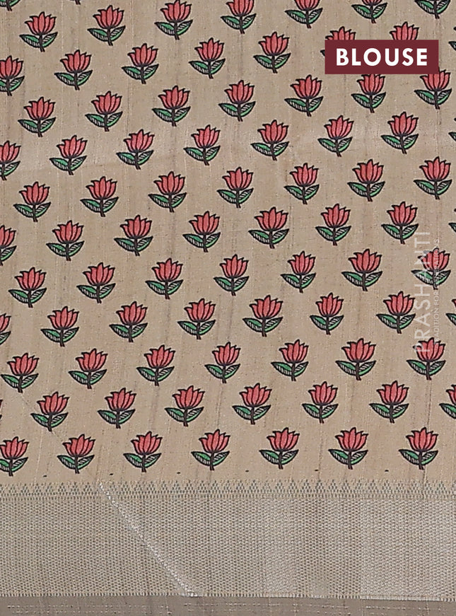 Semi dupion saree dark mustard with plain body and madhubani printed pallu & blouse