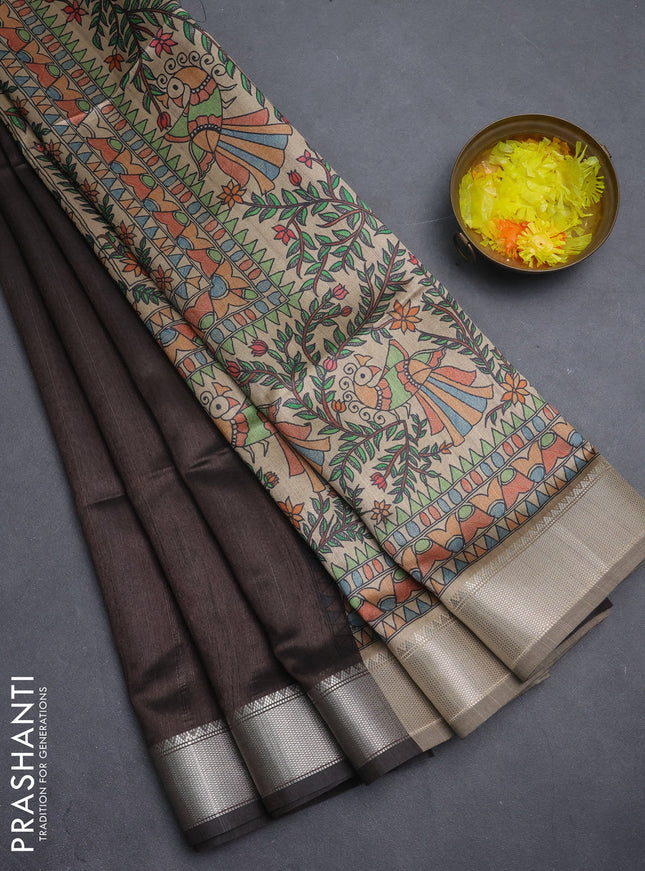Semi dupion saree coffee brown with plain body and madhubani printed pallu & blouse