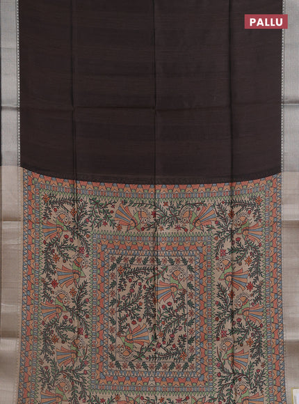 Semi dupion saree coffee brown with plain body and madhubani printed pallu & blouse