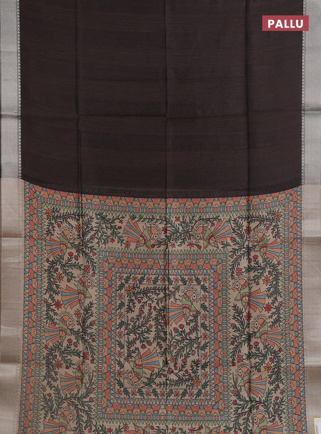 Semi dupion saree coffee brown with plain body and madhubani printed pallu & blouse