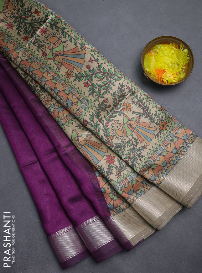 Semi dupion saree purple with plain body and madhubani printed pallu & blouse
