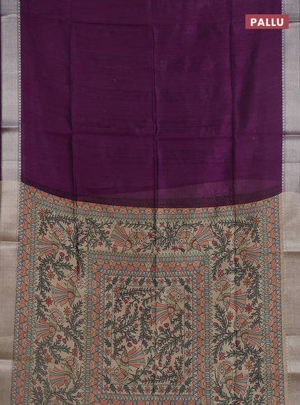 Semi dupion saree purple with plain body and madhubani printed pallu & blouse