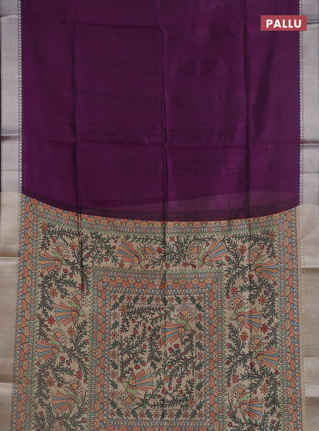 Semi dupion saree purple with plain body and madhubani printed pallu & blouse